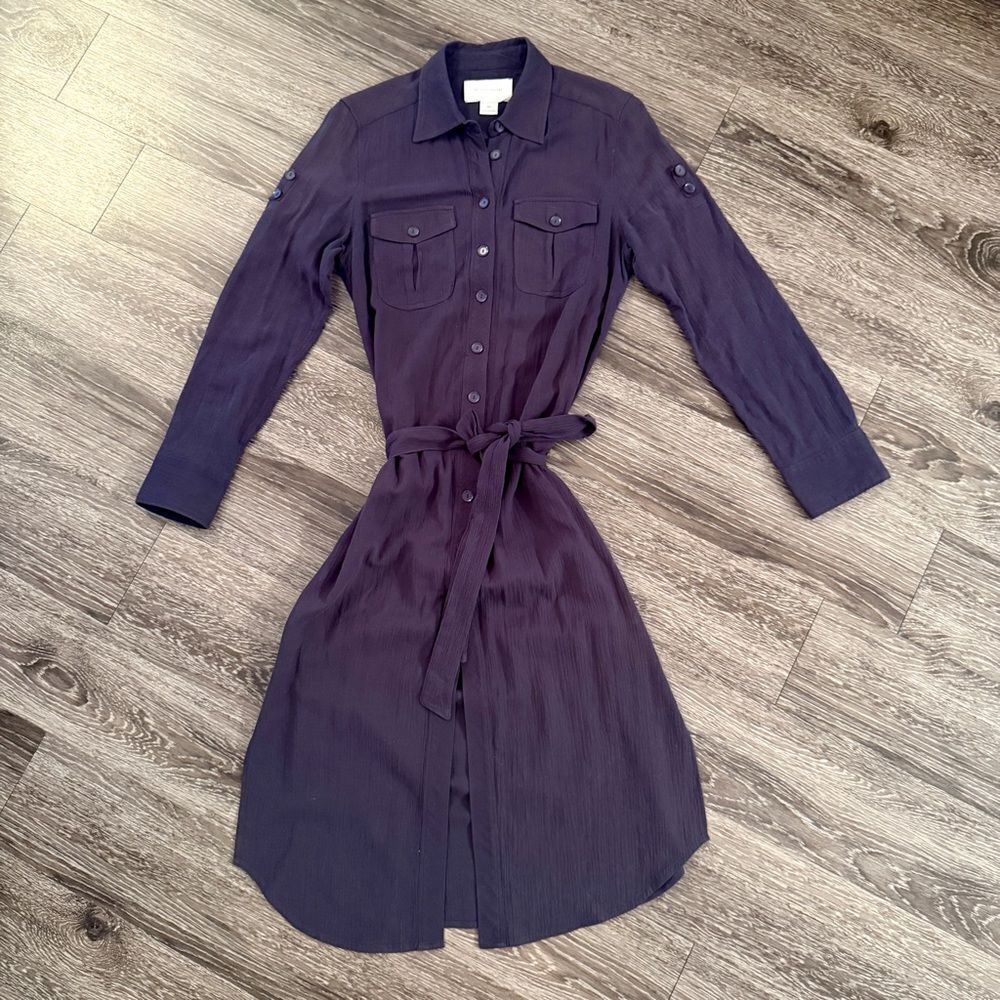 Brochu Walker Navy Midi Button Up Belted Cotton Dress